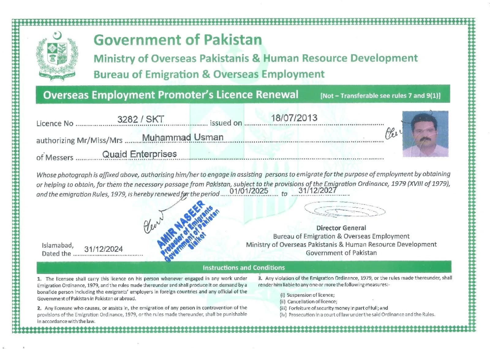 Official Overseas Employment Promoter licence certificate for Quaid Enterprises